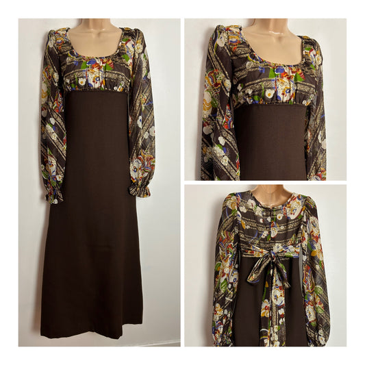 Vintage 1970s CANDA INTERNATIONAL UK Size 6-8 Brown & Gold Floral & Stripe Print Long Sleeve Maxi Dress