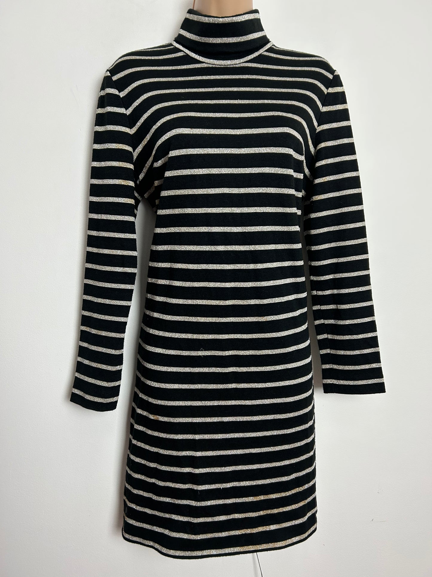 Vintage Early 1970s JOHN MARKS Size 12 Black & Glittery Silver Stripe Print Long Sleeve Party Shift Dress