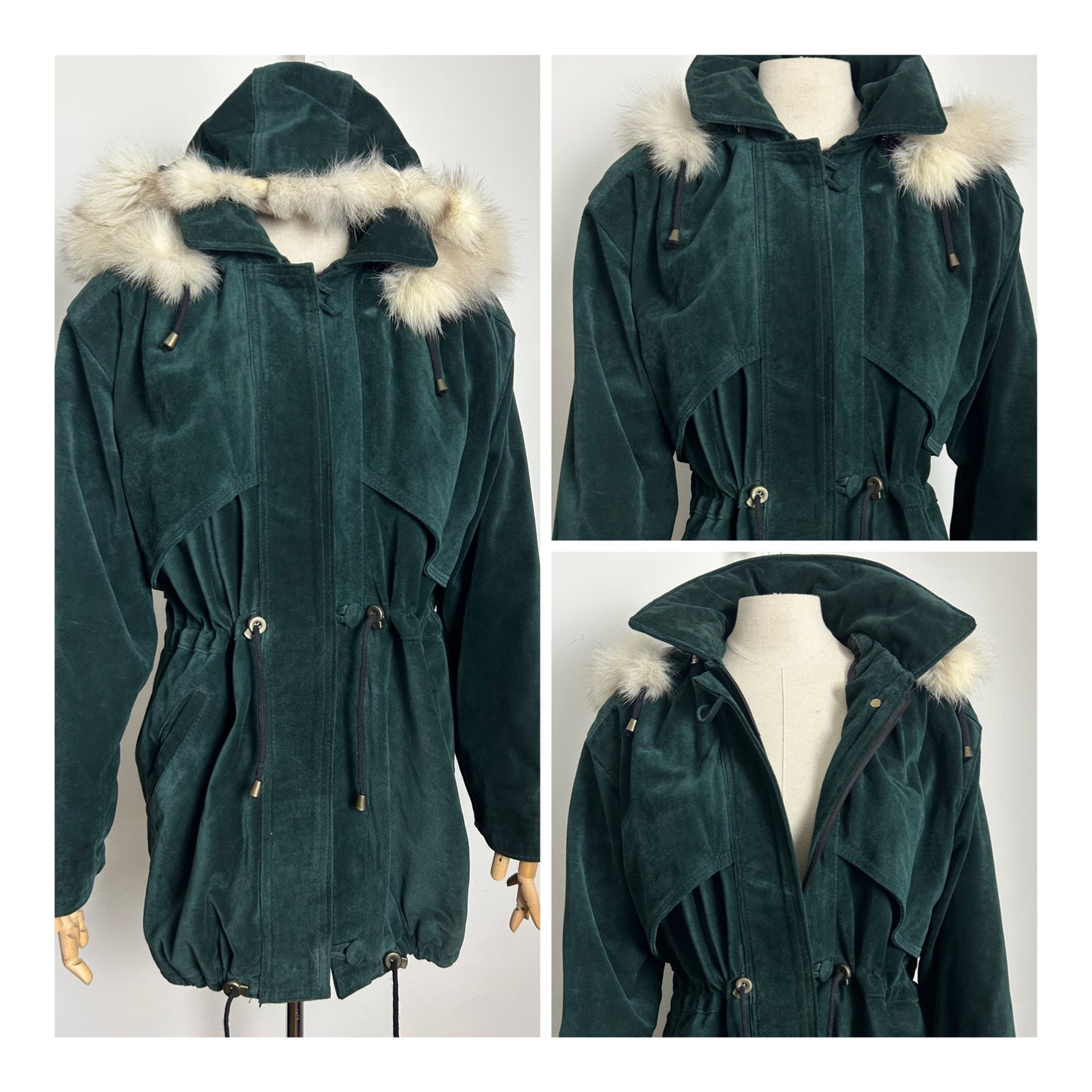 Vintage 1980s LEATHERSTIL ITALIAN Size 12-14 Dark Green Real Suede & Fur Trim Hooded Parka