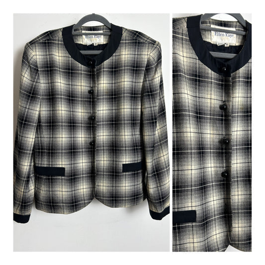 Vintage 1980s ELLEN KAYE Size 12-14 Beige & Black Check Print Collarless Blazer Jacket