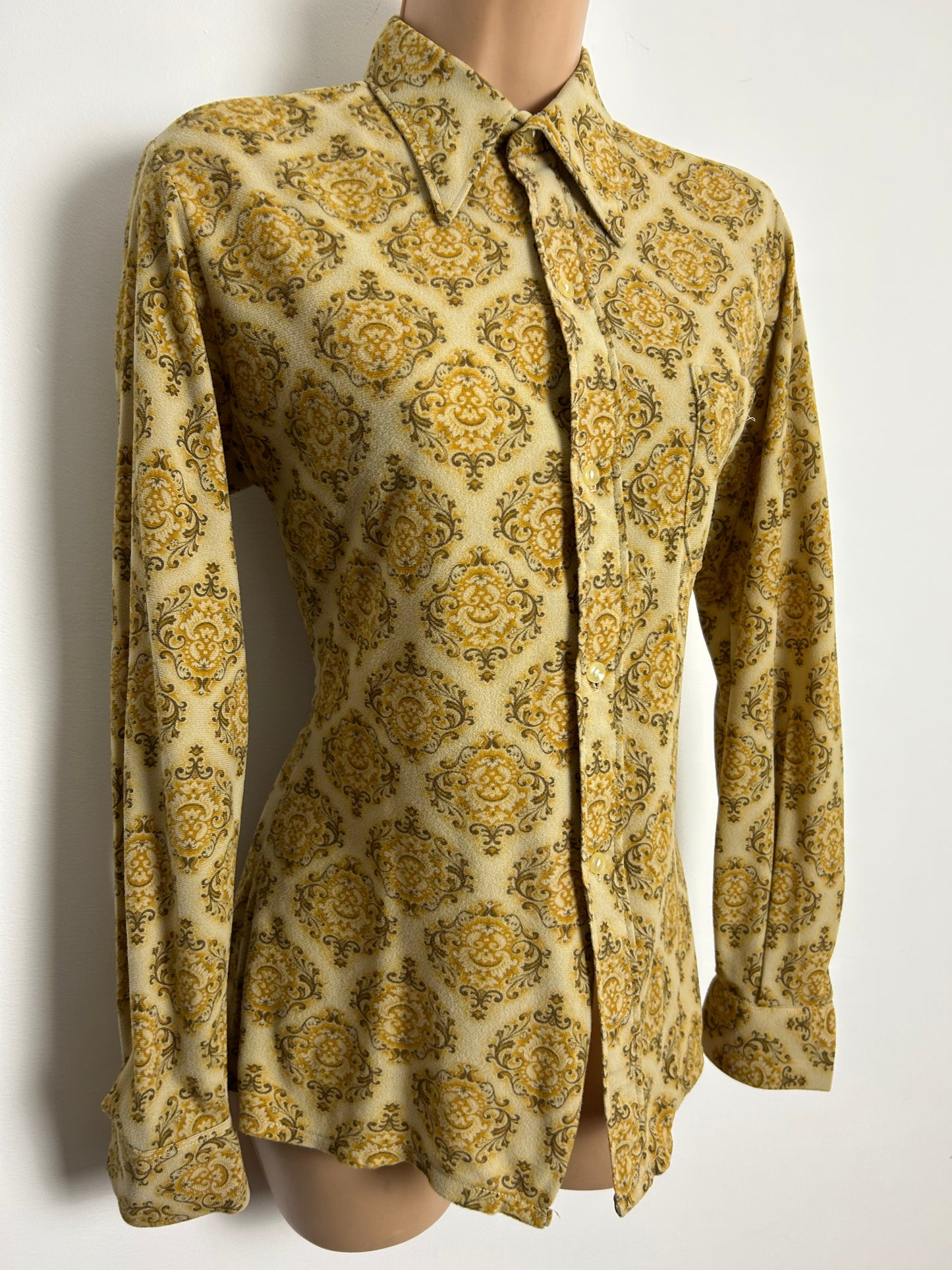 Vintage 1970s Size 12 Sandy Beige Tone Nouveau Scarf Print Long Sleeve Shirt