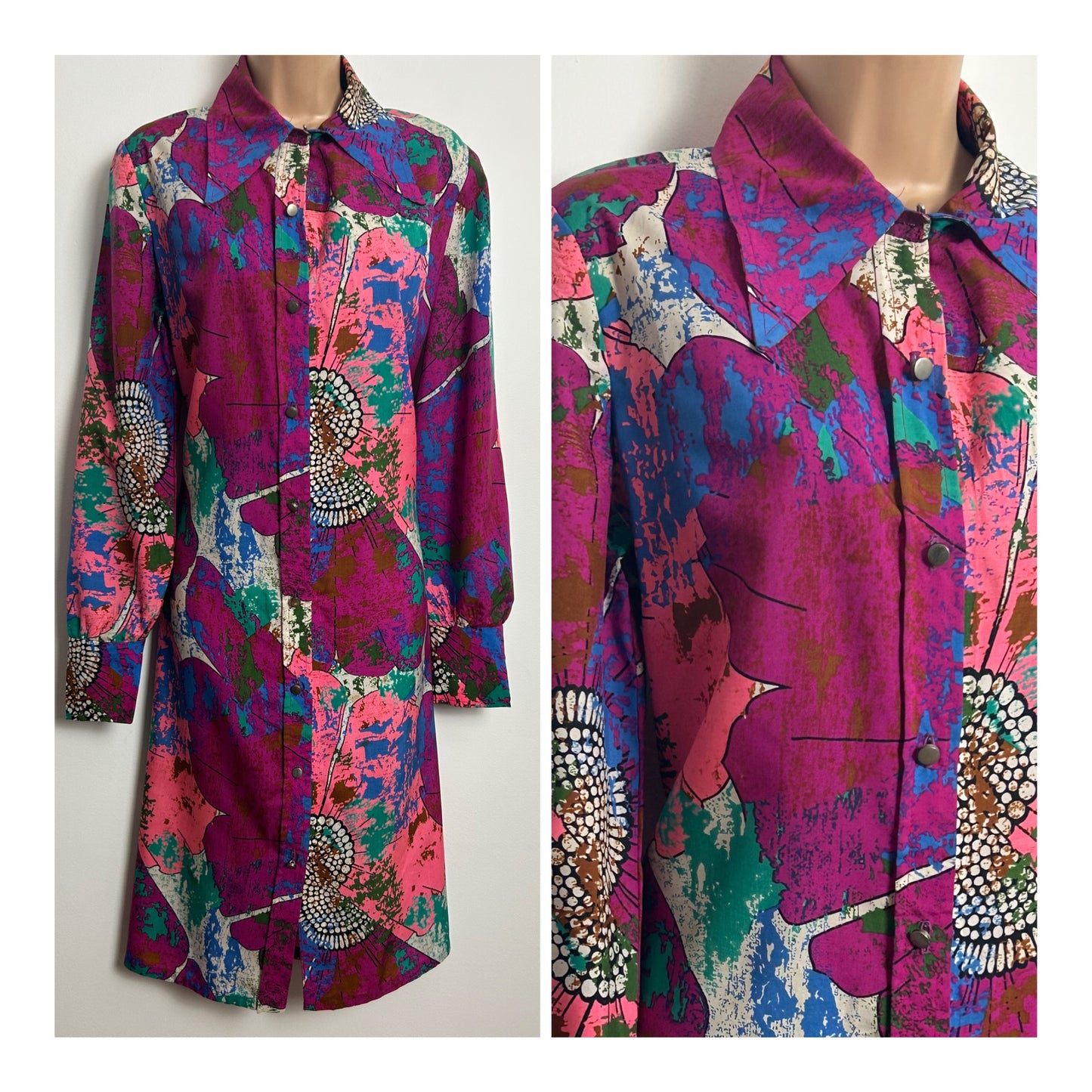 Vintage 1970s THE HOUSE OF LAVINIA Size 12-14 Purple Pink & Green Abstract Dagger Collar Shift Dress