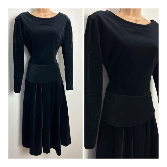 Vintage 1970s ADINI Size 12 Black Indian Cotton Velvet Peplum Tie Back Gothic Midi Dress