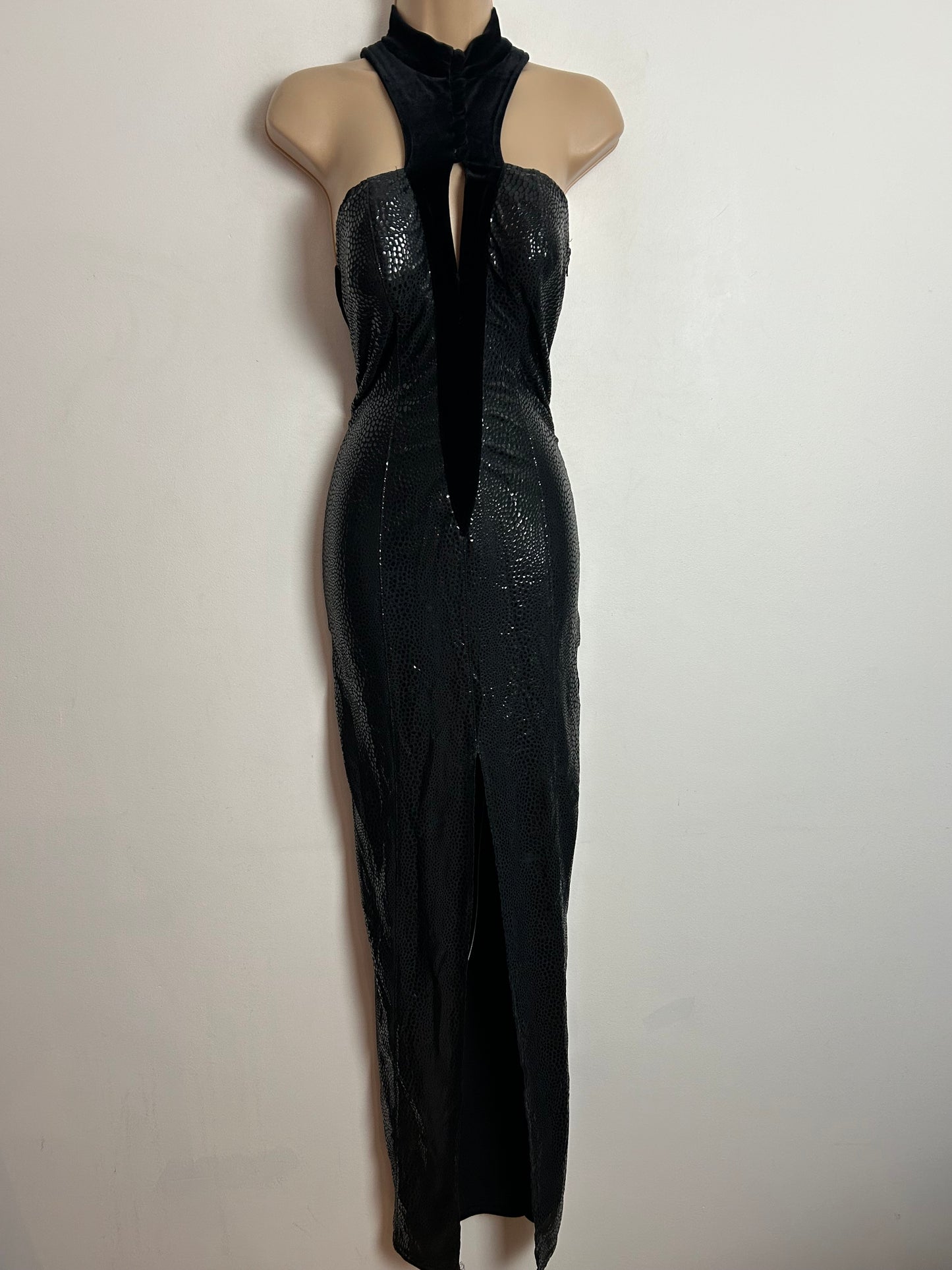 Vintage 1980s ROMEO POUR JULIETTE Paris UK Size 10 Black Velour & Snakeskin Evening Dress & Matching Open Back Jacket