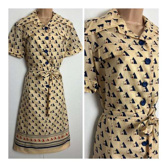 Vintage 1970s Size 14 Beige, Navy Blue & Red Geo Print Short Sleeve Belted Shirt Style Mod Dress