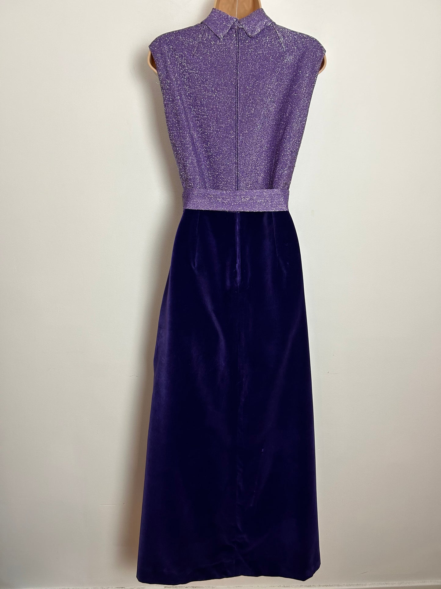 Vintage 1970s UK Size 10 Purple Velvet & Lurex Sleeveless Belted Occasion Evening Maxi Dress