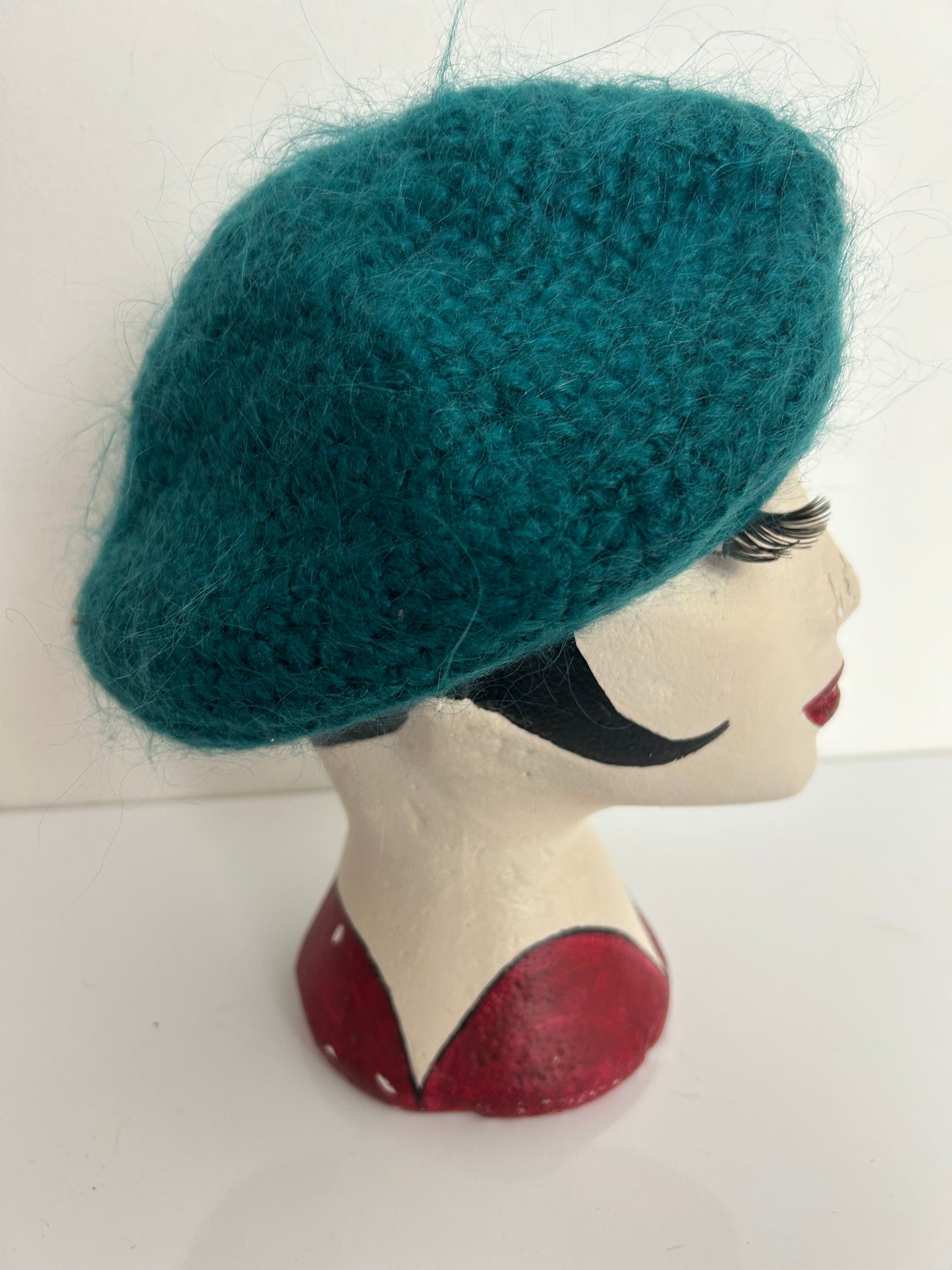 Vintage Teal Green Angora & Wool Knit Beret/Beanie Style Hat
