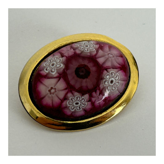 Vintage Pretty Little Gold Tone Pink & White Millefiori Oval Pin Brooch