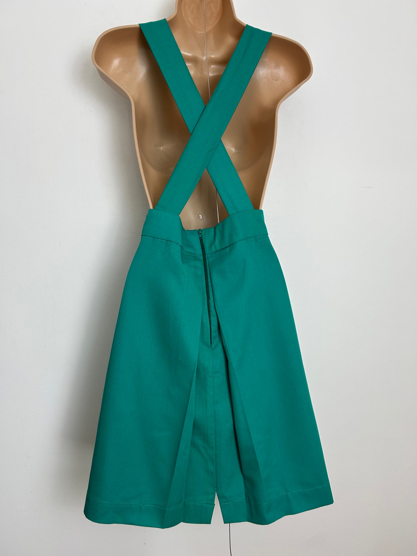Vintage 1960s Size 10 Dark Green Check Bow Trim Cross Strap Pinafore Dress