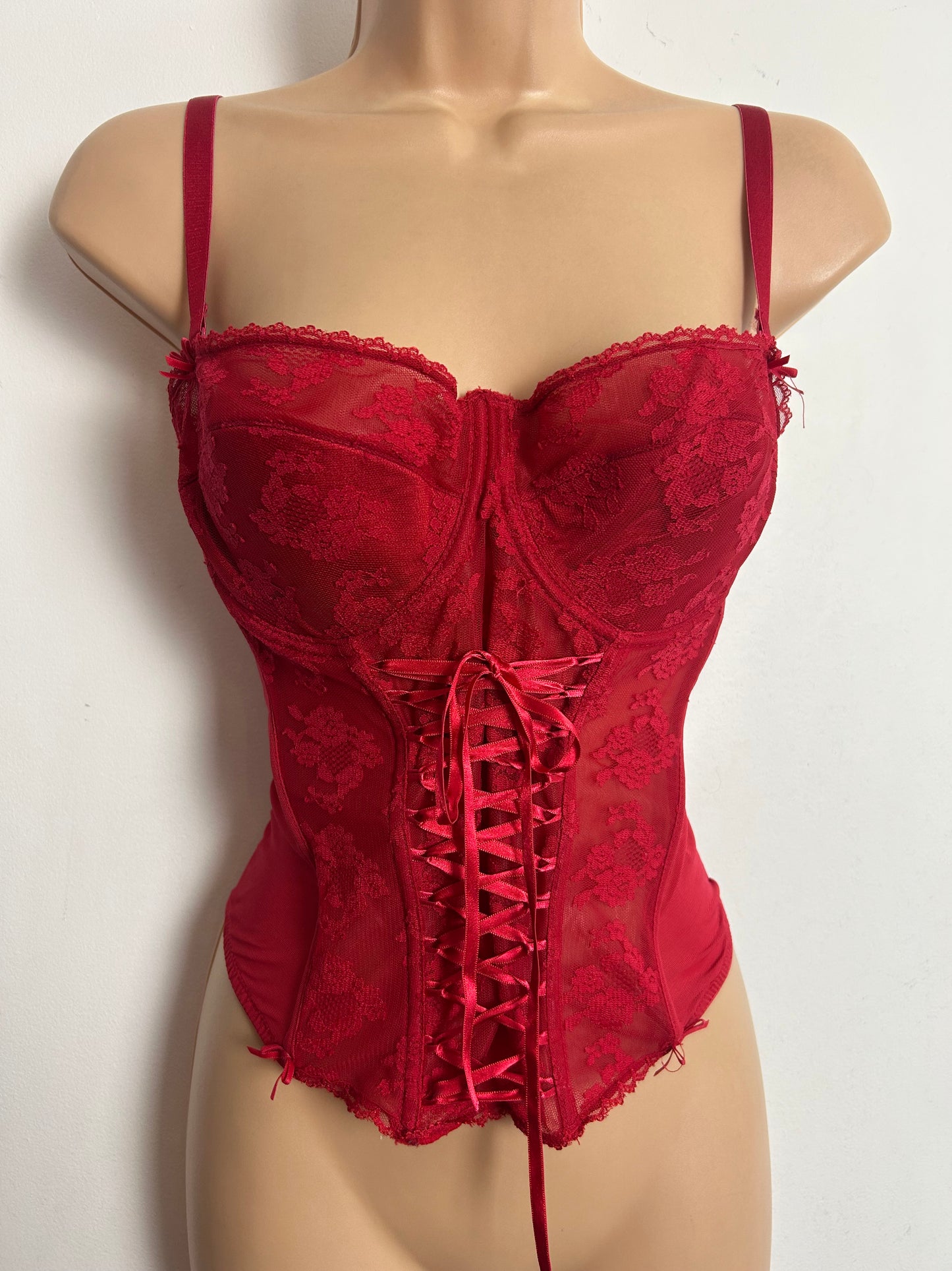 Ann Summers Size 34D Red Lace Ribbon Bustier Tie Boned Corset With Detachable Straps