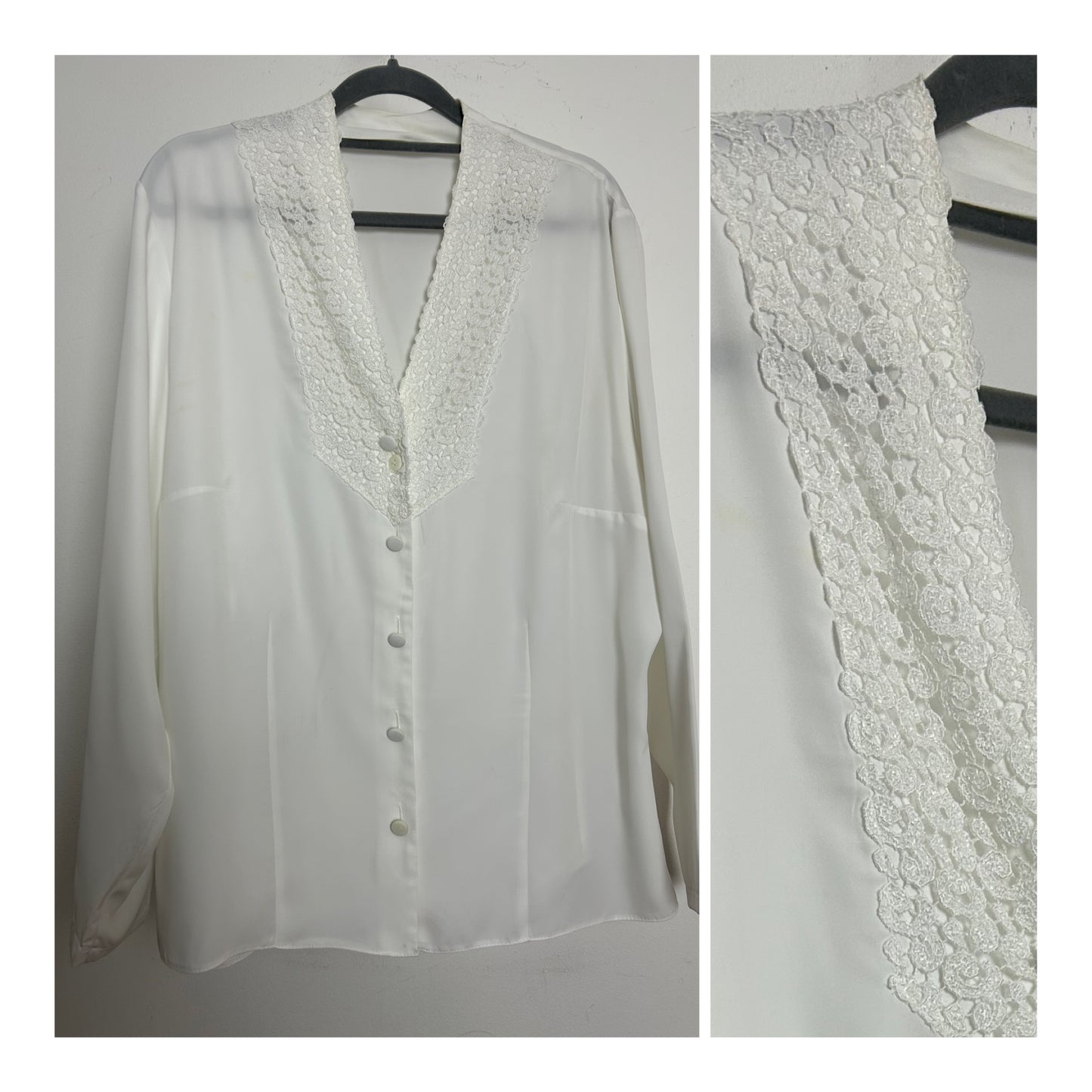 Vintage 1980s Size 16 Pretty White Lace Trim Long Sleeve Blouse