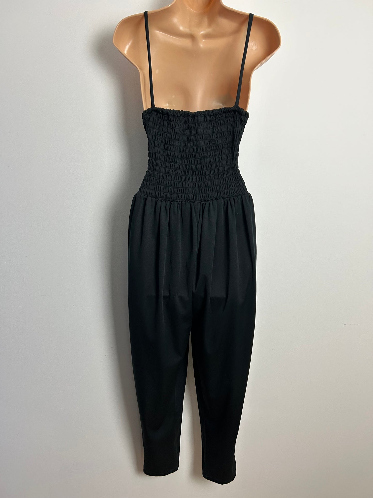 Vintage 1980s Size 10-12 Black Teal & Gold Ruched Bodice Strappy Party Evening Jumpsuit