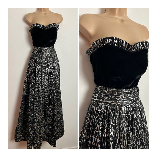 Vintage Early 1980s FIONA FORBES-POPE UK Size 6-8 Strapless Black & Metallic Silver Animal Patter Occasion Ballgown