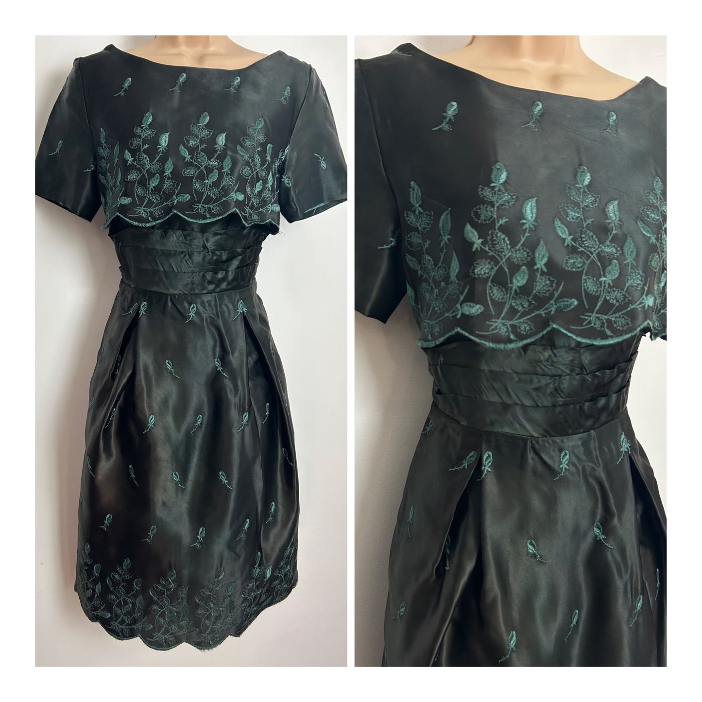 Vintage Late 1950s Size 6-8 Very Dark Green Satin Embroidered Scallop Layered Occasion Dress