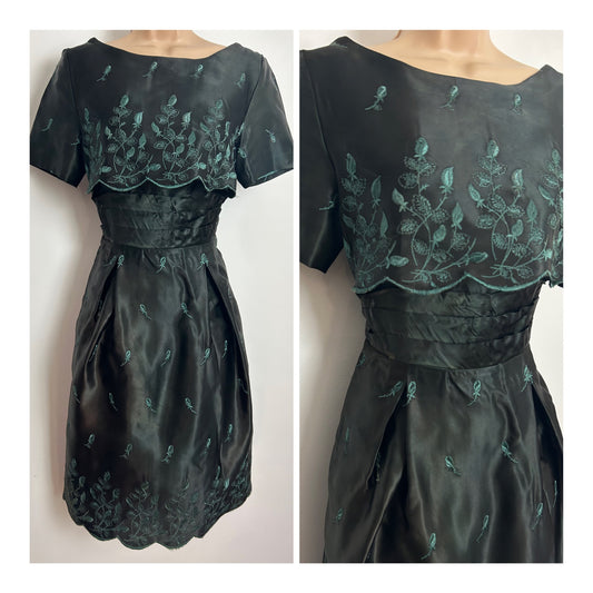 Vintage Late 1950s Size 6-8 Very Dark Green Satin Embroidered Scallop Layered Occasion Dress