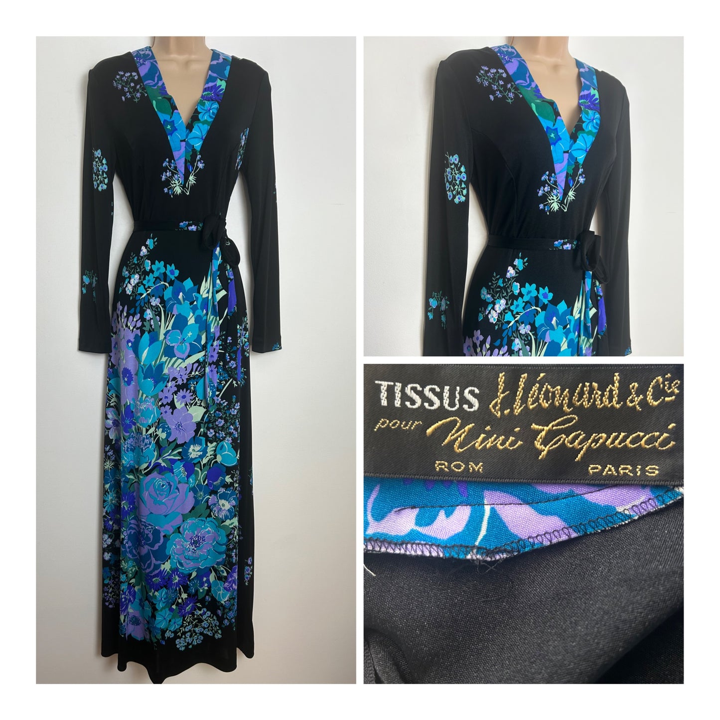 Vintage 1970s J. LEONARD ET CIE For NINI CAPUCCI Size 10-12 Black Blue & Green Floral Print Long Sleeve Belted Maxi Dress