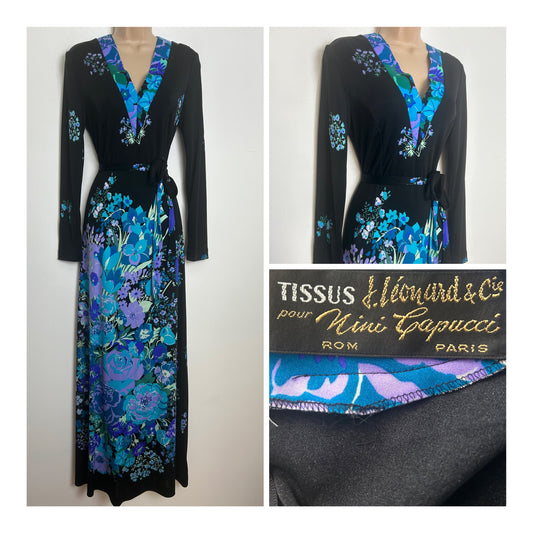 Vintage 1970s J. LEONARD ET CIE For NINI CAPUCCI Size 10-12 Black Blue & Green Floral Print Long Sleeve Belted Maxi Dress