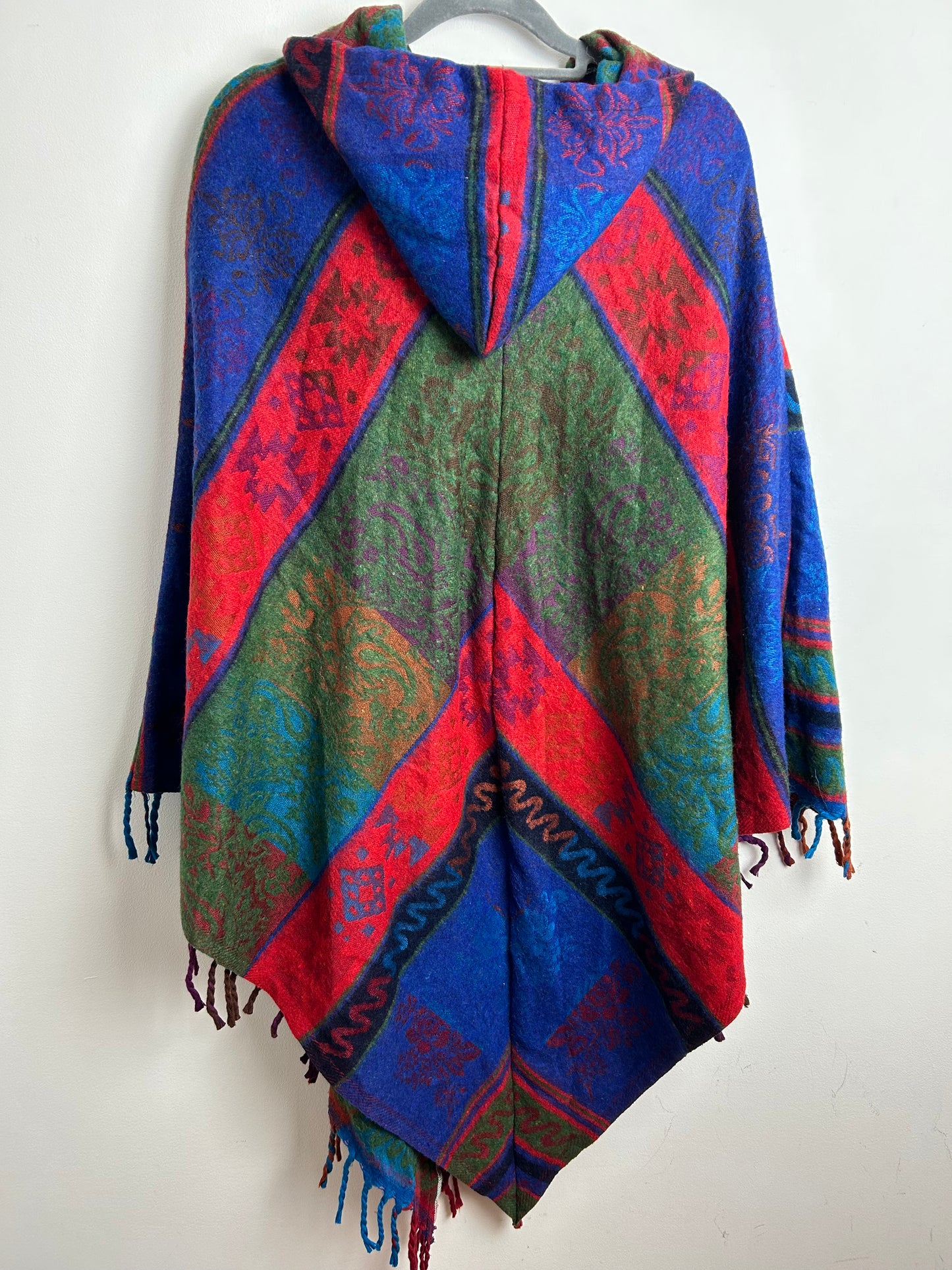 Vintage Mexican Blue Red Green Floral Paisley Pattern Soft Wool Mix Hooded Poncho Cape With Tassels