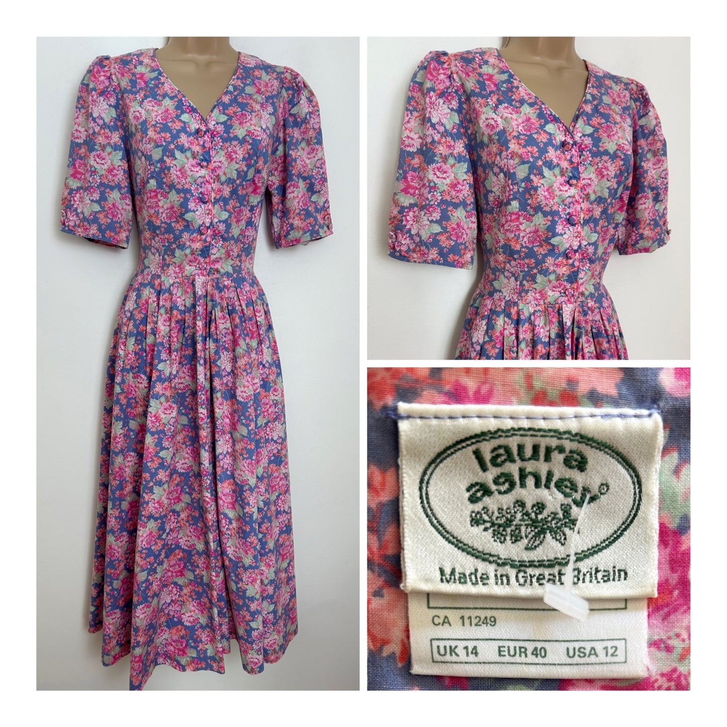 Vintage 1980s LAURA ASHLEY UK Size 10 (Size 14 On Label) Pretty Blue & Pink Tones Floral Print Cotton Tea Dress
