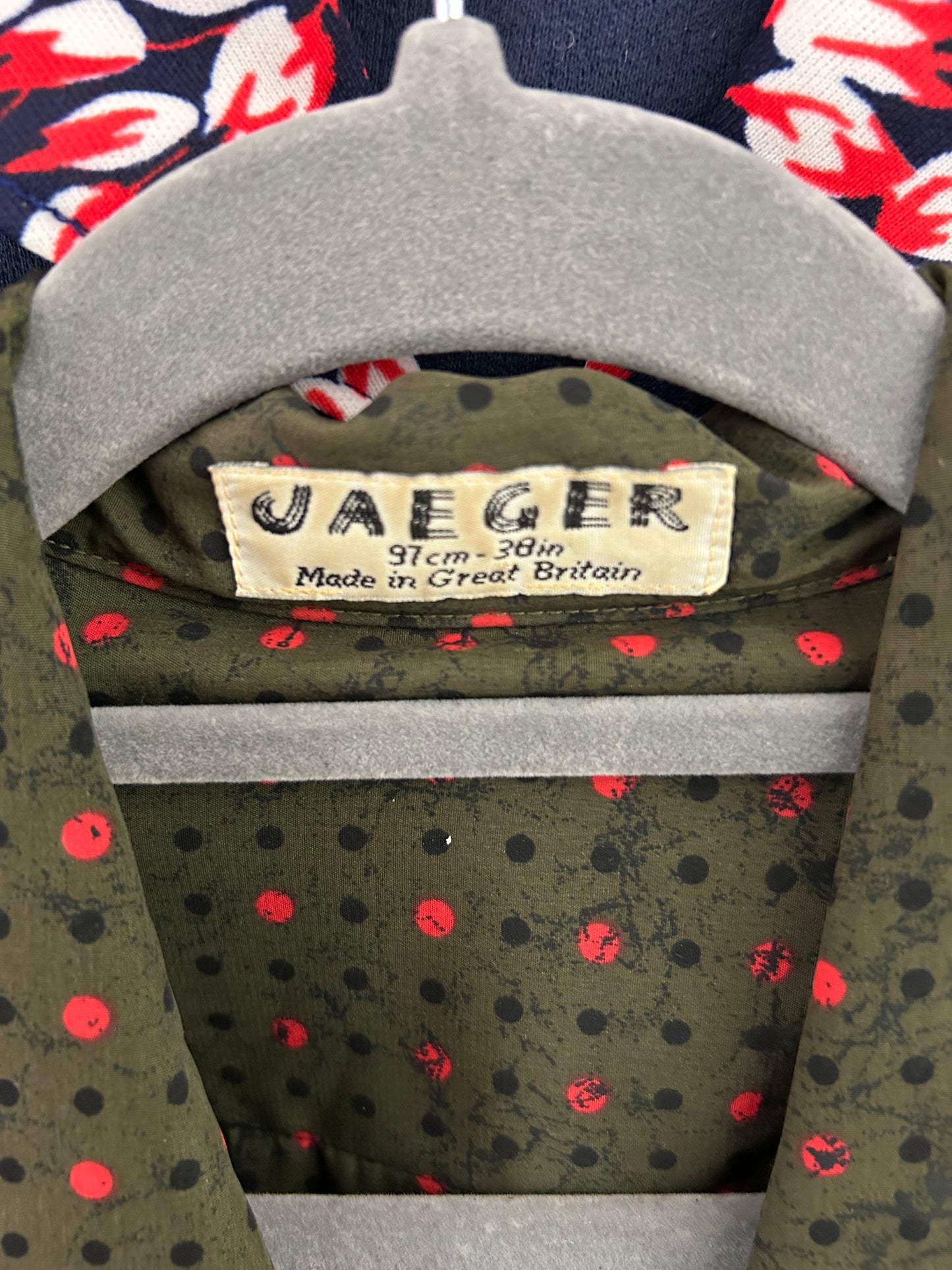 Vintage 1970s JAEGER Size 14 Dark Green Red & Black Polka Dot Print Long Sleeve Blouse/Top