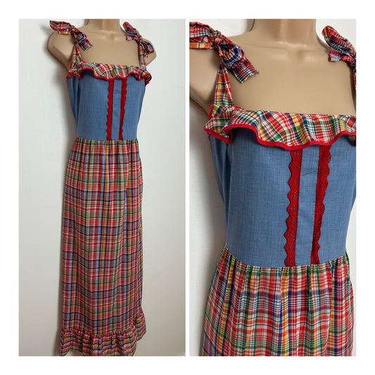 Vintage 1970s Size 12 Red Blue Green & White Check Print Tie Shoulder Summer Festival Holiday Smock Dress