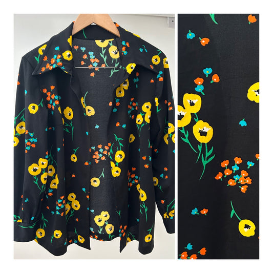 Vintage 1970s UK Size 16 Black Yellow & Orange Floral Print Long Sleeve Open Fronted Shirt Cover Up