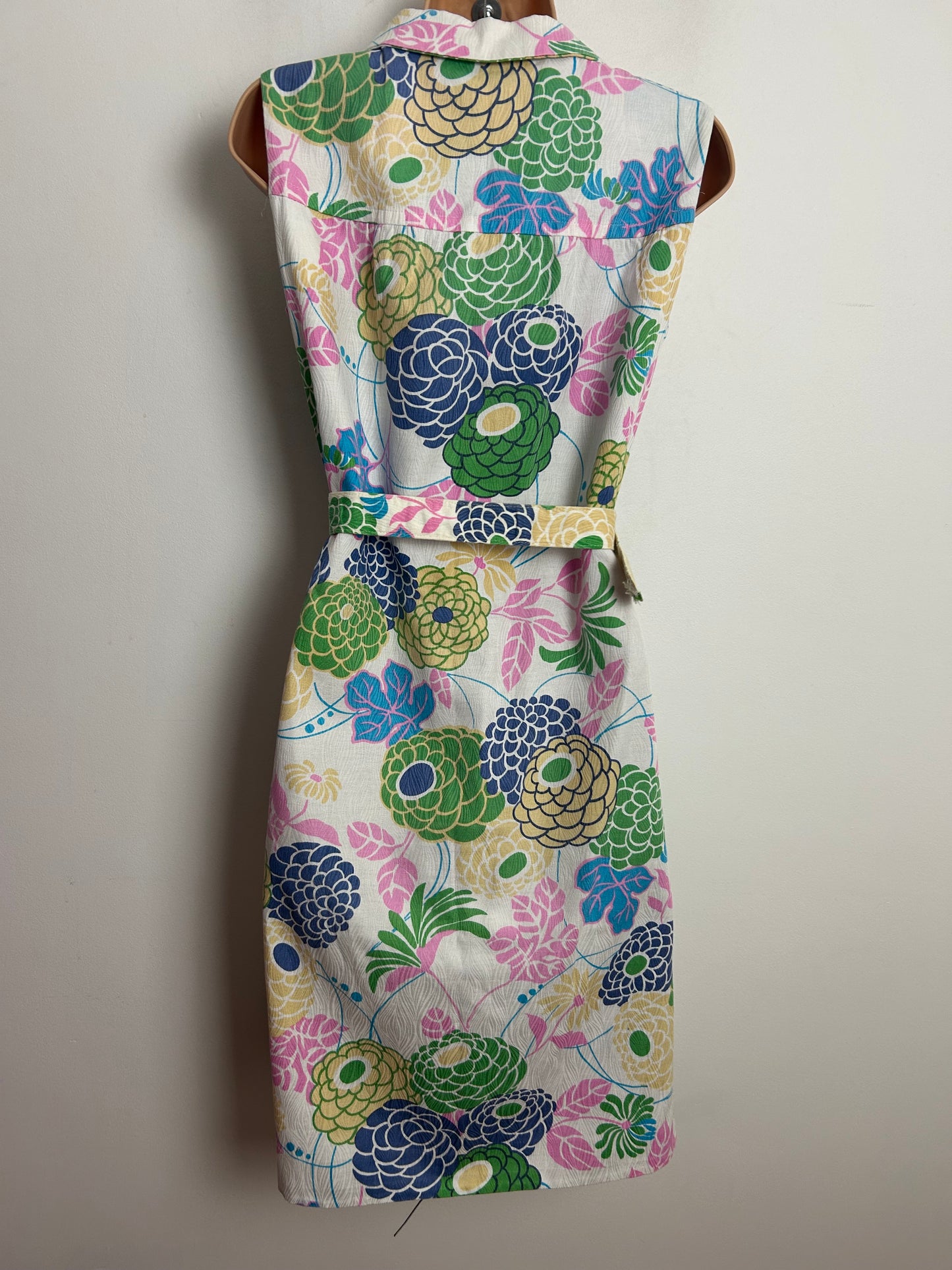 Vintage Early 1970s ST MICHAEL Size 12 White Pink Blue & Beige Floral Print Cotton Belted Mod Day Dress