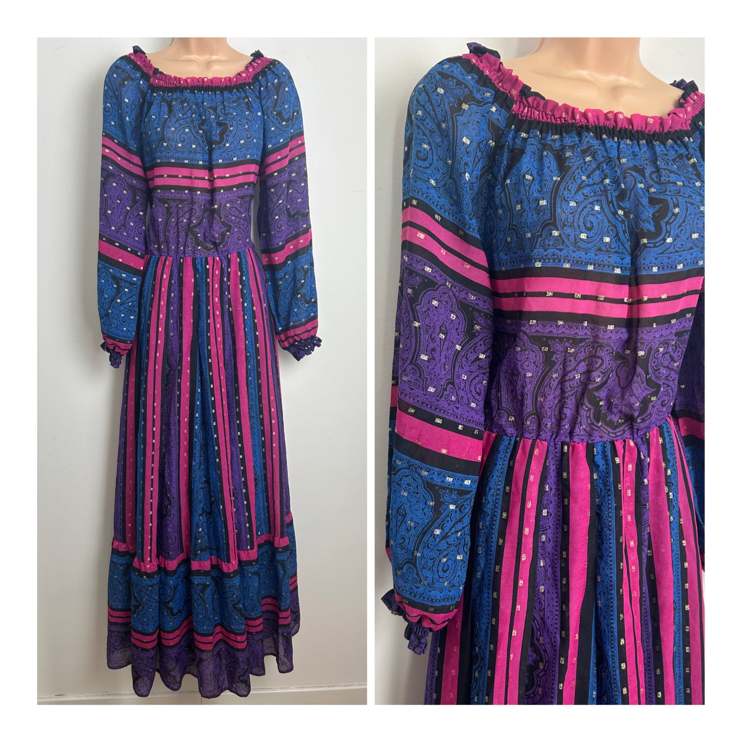 Vintage 1970s PEGGY LANE Size 10 Blue Purple Pink & Gold Stripe Lurex Occasion Dress