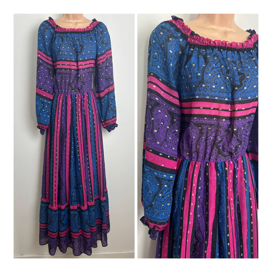 Vintage 1970s PEGGY LANE Size 10 Blue Purple Pink & Gold Stripe Lurex Occasion Dress