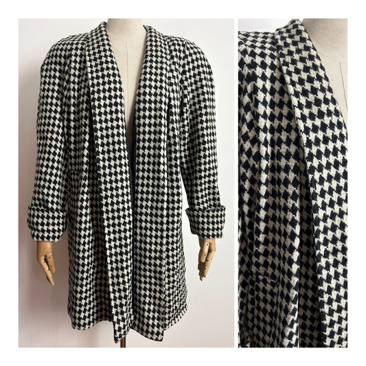 Vintage 1980s MICHELLE STUART UK Size 14-16 Black & Off White Diamond Check Open Fronted Wool Coat