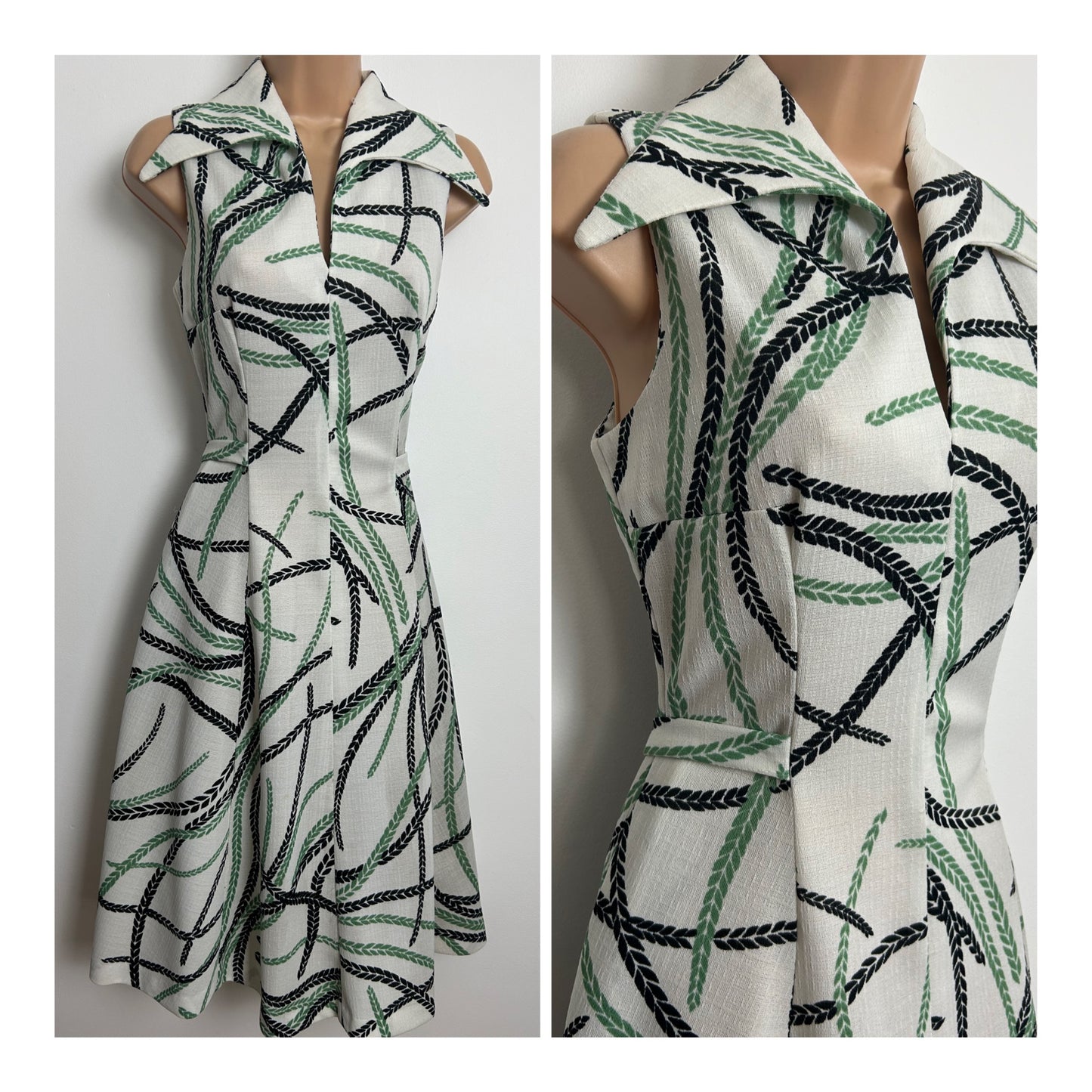 Vintage 1970s 8 White Black & Green Abstract Vine Print Dagger Collar Mod Dress