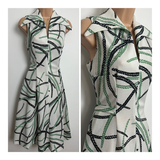 Vintage 1970s 8 White Black & Green Abstract Vine Print Dagger Collar Mod Dress