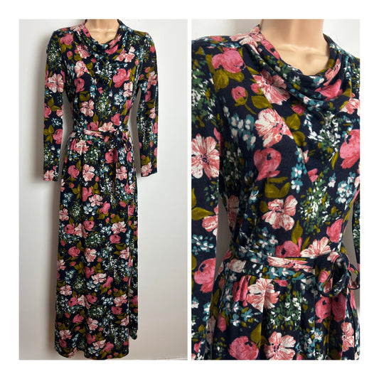 Vintage 1970s BERKERTEX Size 8 Navy Blue & Pink Floral Print Cowl Neck Long Sleeve Belted Maxi Dress