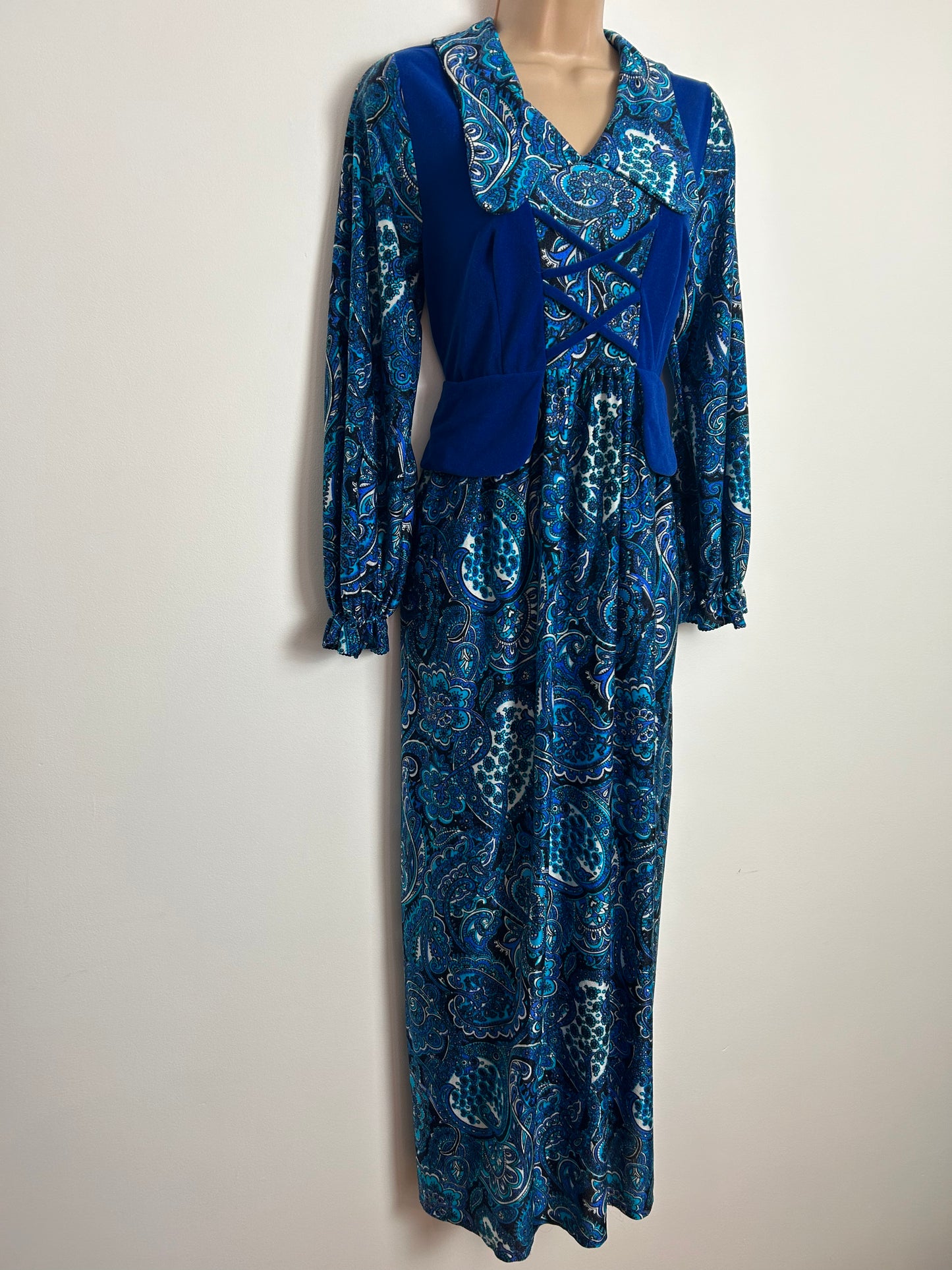 Vintage 1970s Approx UK Size 8-10 TURNABOUTS Blue Tones Velour Bodice Lace Up & Peplum Beagle Collar Maxi Dress