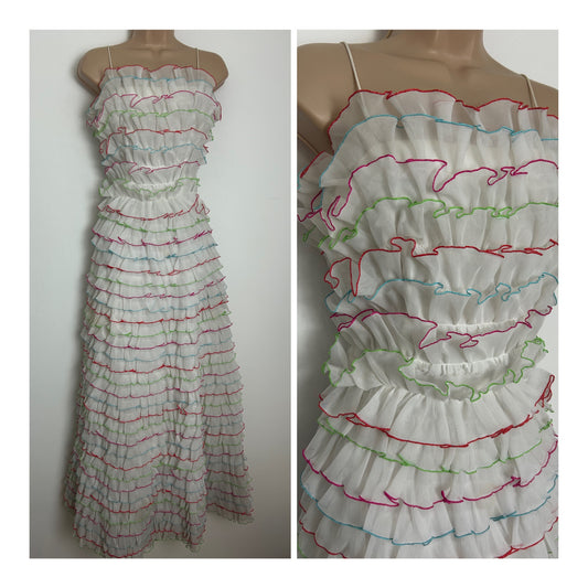 Vintage Late 1970s Early 1980s LURMAN Size 6-8 White Ruffle Layered AMAZING Summer Occasion Maxi Dress
