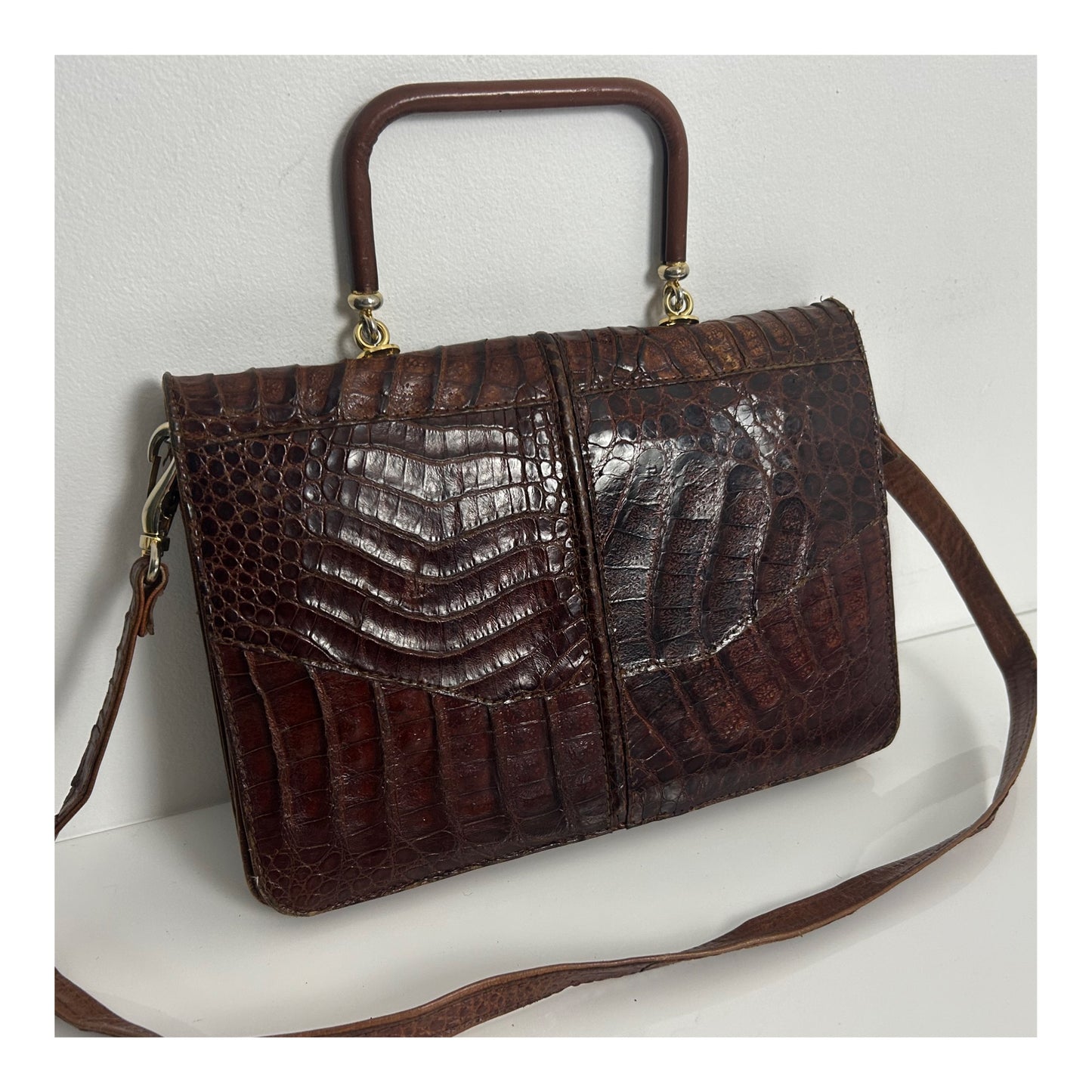 Vintage Late 1960s Early 1970s Brown Mock Croc Leather Handbag Or Shoulder Strap