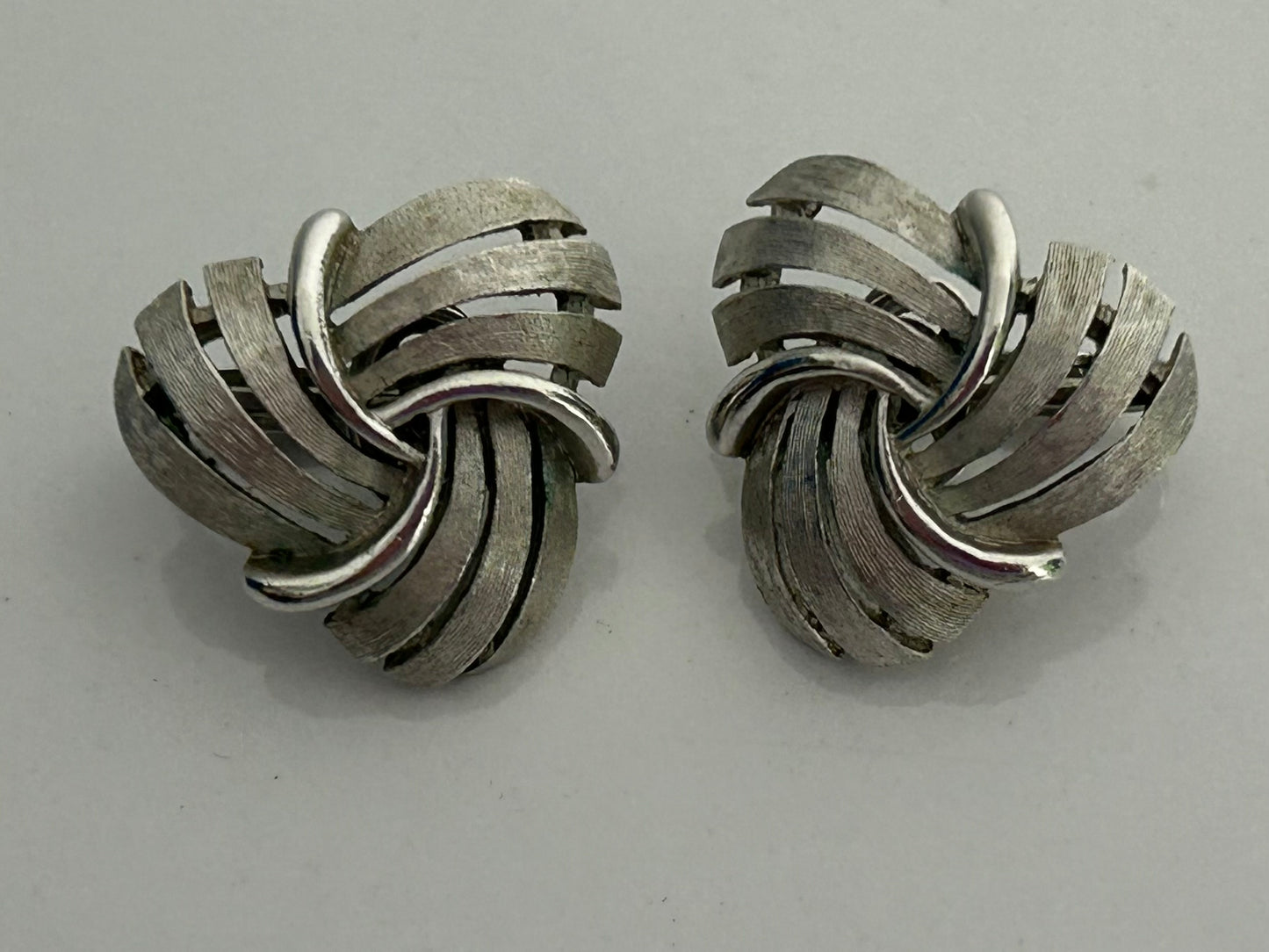 Vintage 1960s TRFARI Silver Tone Brushed Effect Clip On Earrings