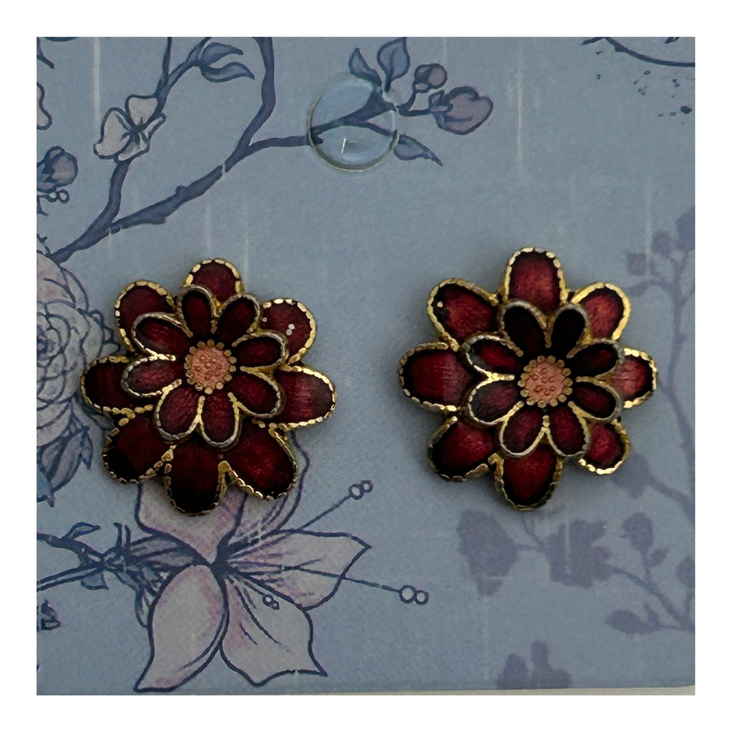 Vintage Gold Tone & Red Cloisonne Enamel Flower Earrings