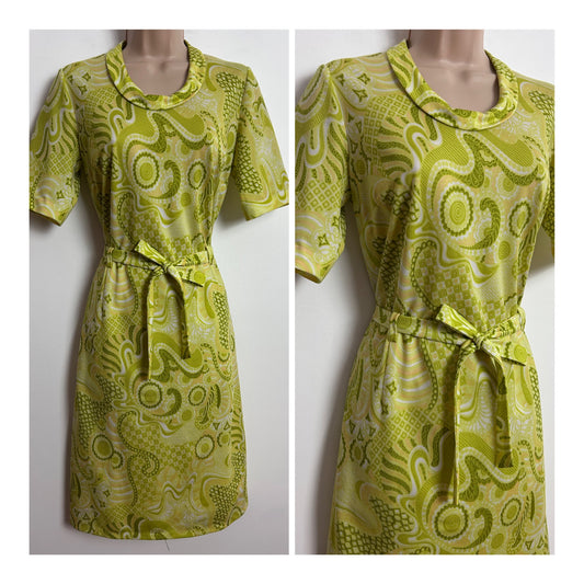 Vintage 1960s UK Size 12 Green & Yellow Tones Psychedelic Print Short Sleeve Belted Mod Dress