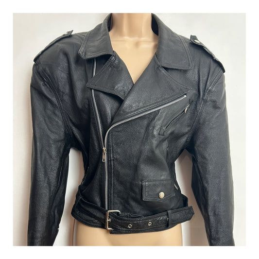 Vintage 1980s ECHTES LEDER UK Size 12-14 Black Leather Classic Biker Jacket