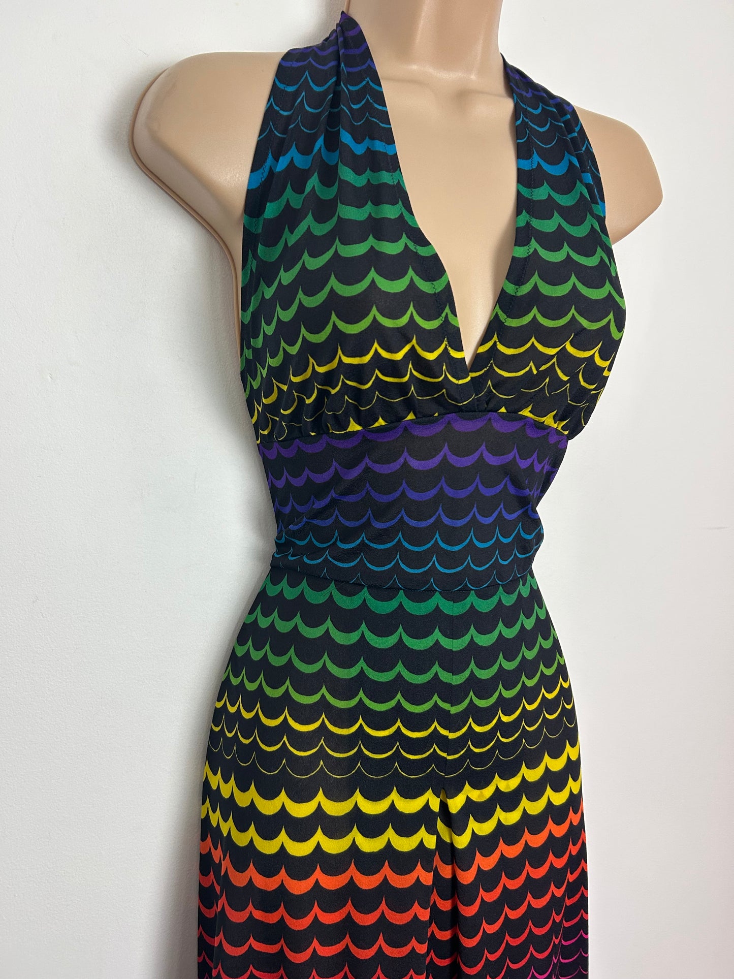 Vintage 1970s Size 8 ORCHIDEE Black Multicolour Scallop Print Halter Neck Summer Maxi Dress
