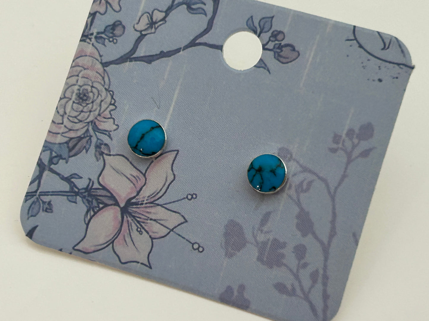 Vintage Silver Tone & Turquoise Marble Effect Small Round Earrings