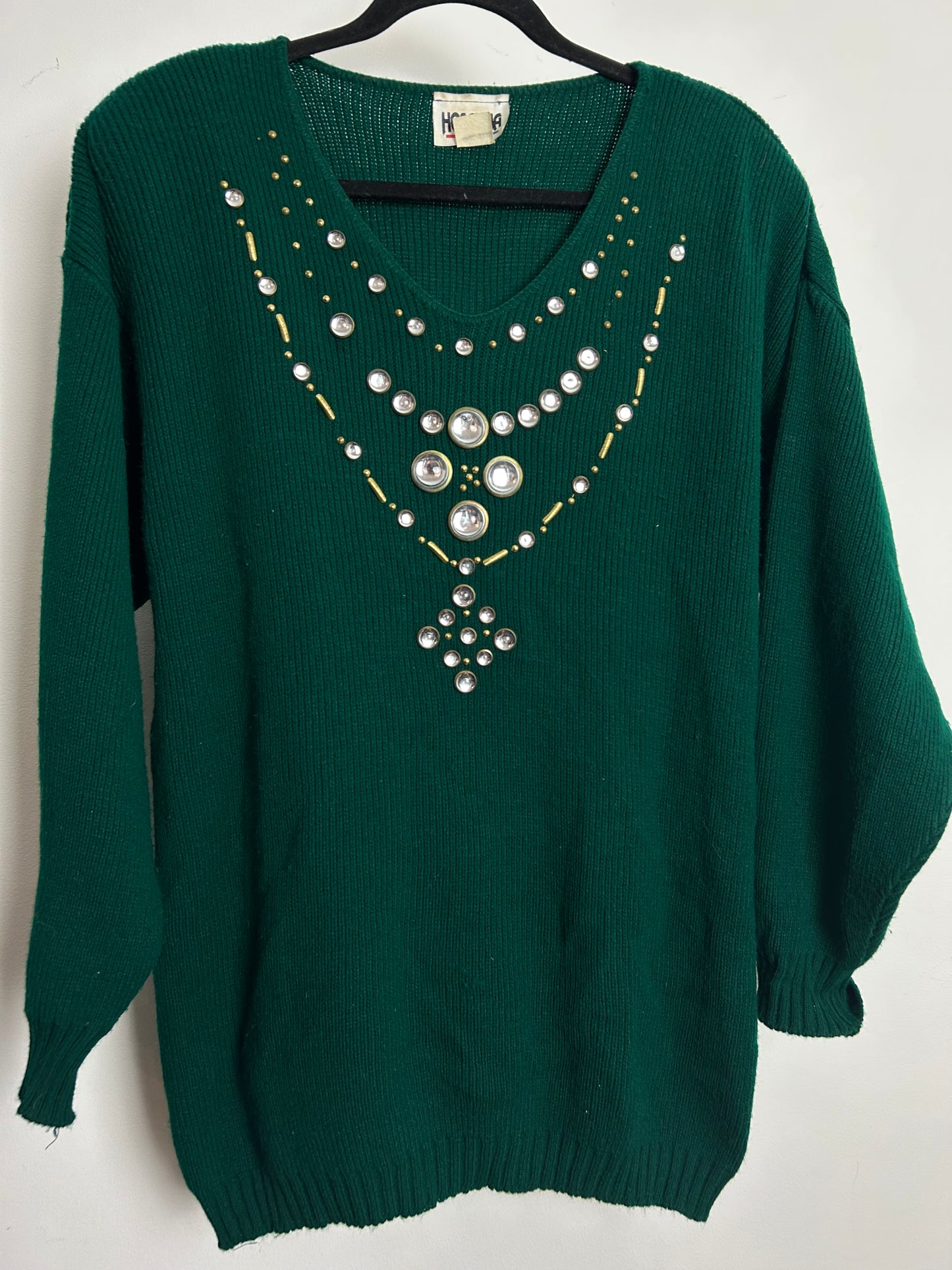 Vintage 1980s One Size Up To Size 18 Dark Green Jewel Bead Embellished Jumper