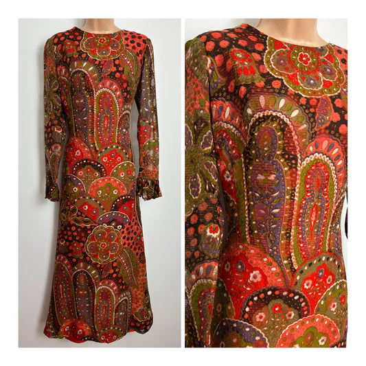 Vintage 1970s Size 10-12 Brown Coral & Green Abstract Floral Paisley Style Print Maxi Dress