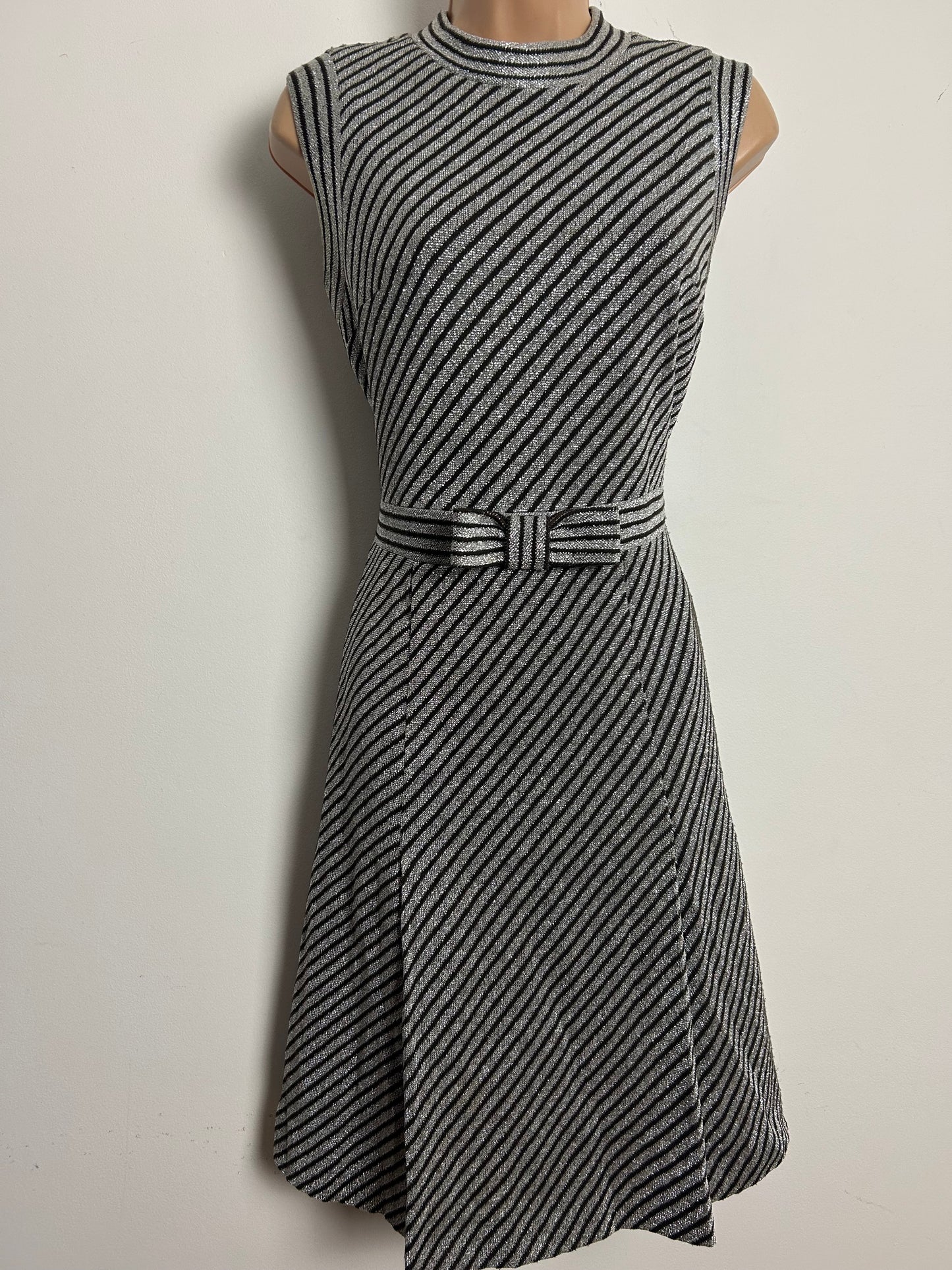 Vintage 1960s Size 12 Silver & Brown Lurex Stripe Bow Detail Mod Party Dress