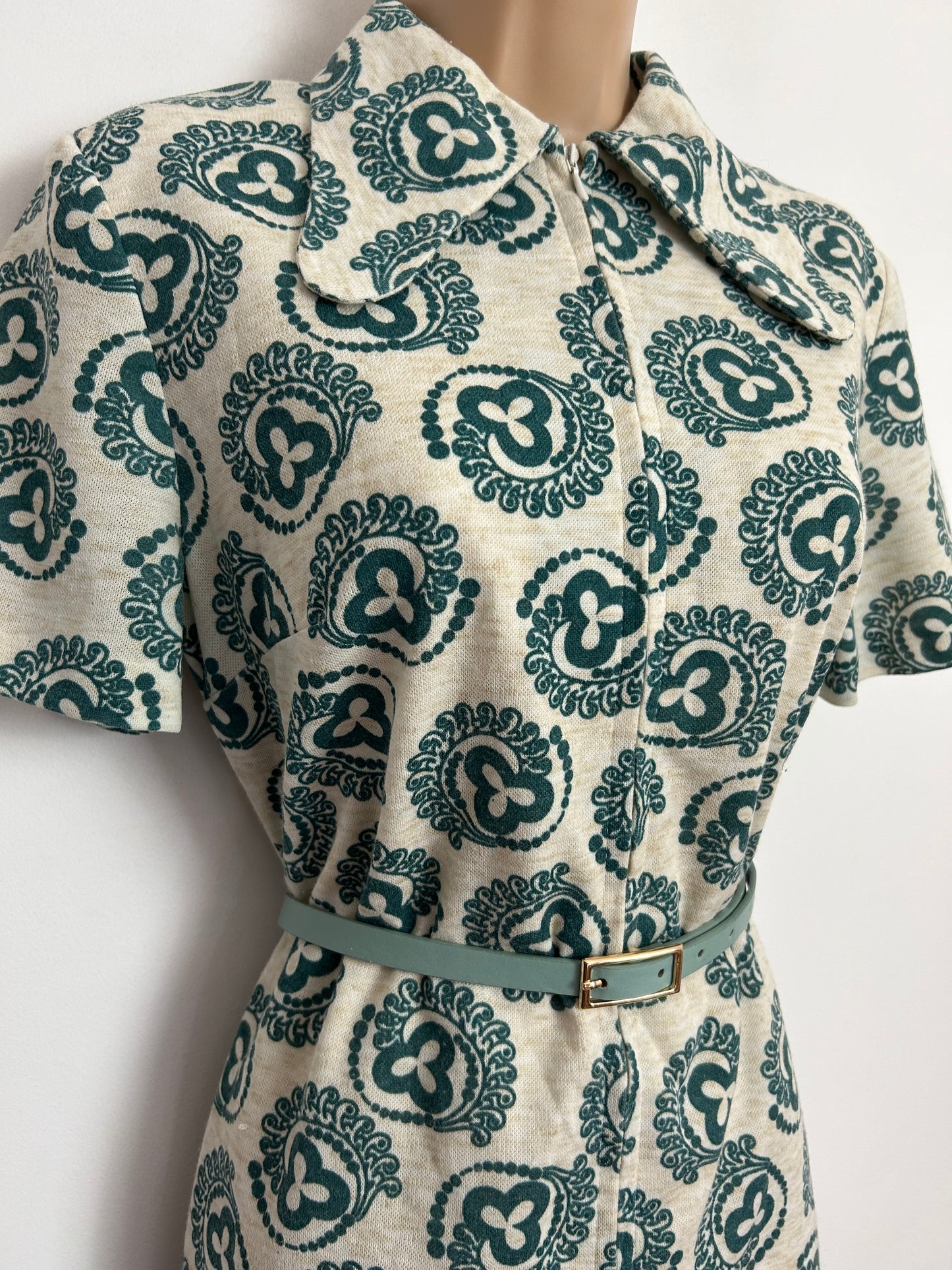 Vintage 1970s UK Size 12 Beige & Teal Abstract Print Linen Mix Belted Beagle Collar Mod Dress