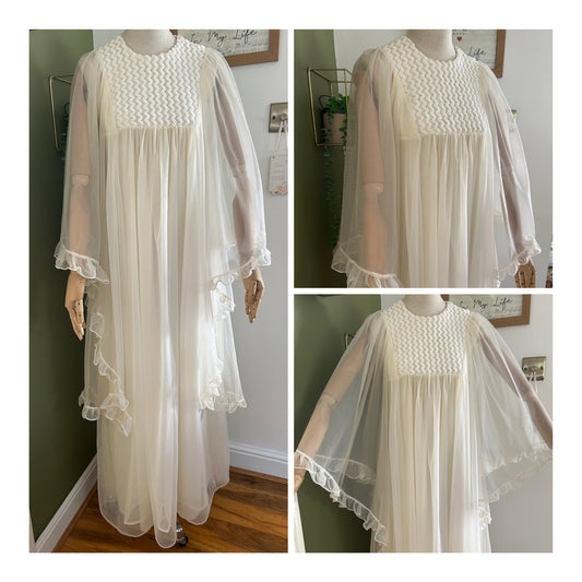 Vintage 1960s Size 8 Ivory Nylon Long Flared Sleeve Empire Line Boho Maxi Dress