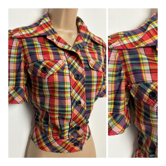 Vintage 1970s Size 8 Cute Red Blue & White Check Print Short Sleeve Cropped Shirt