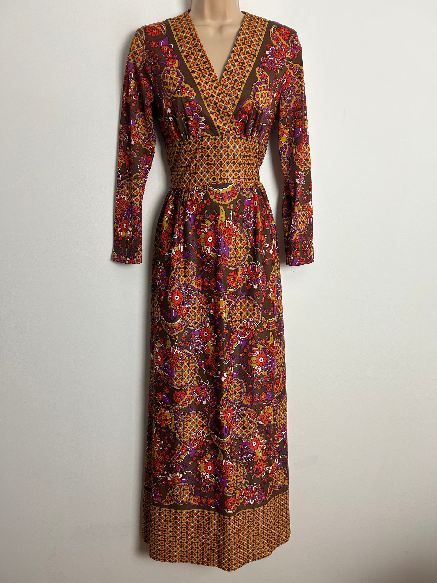 Vintage 1970s UK Size 6-8 Brown Mustard Yellow & Red Abstract Floral & Grid Print Long Sleeve Maxi Dress