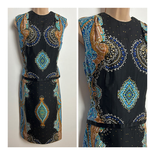Vintage 1960s SWISS CHALET OF DIDSBURY UK Size 10 Black Brown & Blue Abstract Print Double Layered Silk? Dress